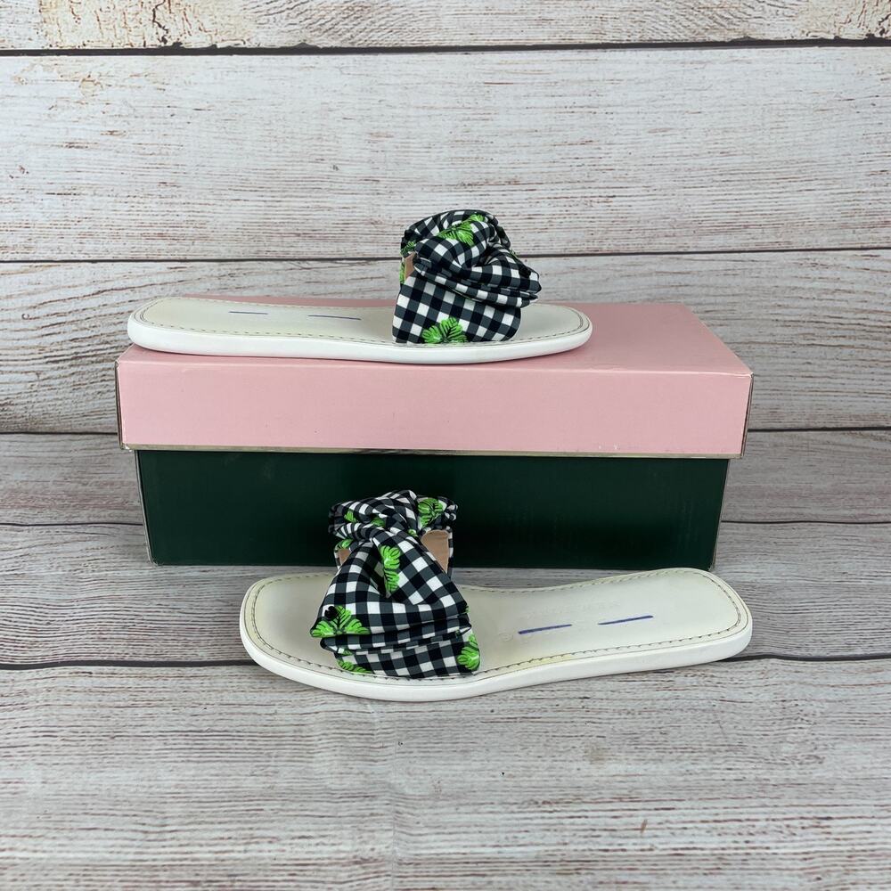 Kate Spade Bikini REJ Womens Sz 5.5B Slides New Gingham Jacquard White Green